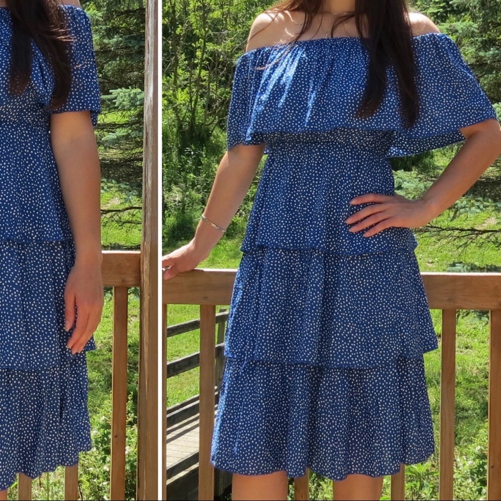 Blue and white polka dot off shoulder  midi dress